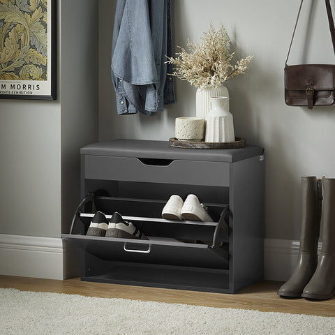 Rootz Shoe Bench with Storage - Shoe Tipper - Sitting Chest of Drawers - Space-Saving Design - Hidden Compartment - Comfortable Seat Cushion - 60cm x 50cm x 30cm - Gray