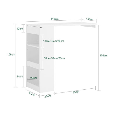 Rootz Adjustable Bar Table - Dining Table - Wall-Mounted Table - MDF Construction - Space-Saving Design - Adjustable Height - Easy Assembly - White - 110cm x 106cm x 45cm