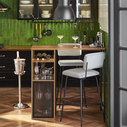 Rootz Modern Bar Table - Kitchen Island - Dining Table - Industrial Design - Spacious Storage - Wine Glass Holders - Bottle Rack - 110cm x 105cm x 50cm