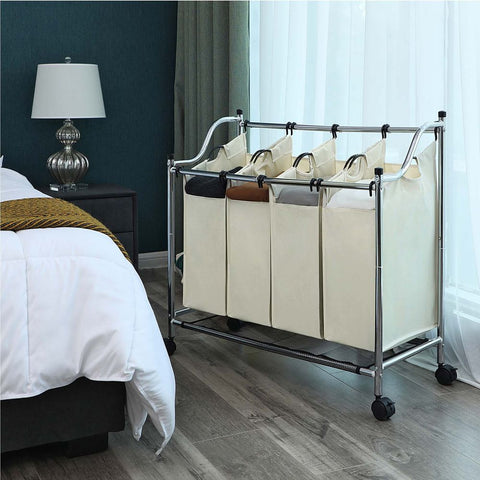 Rootz Laundry Basket On Wheels - 4 Pockets - Laundry Hamper - 4 Removable Fabric Bags - Rolling Laundry Hamper - 4-section Laundry Cart - 600D Polyester - Beige - 87.5 x 38.5 x 81 cm