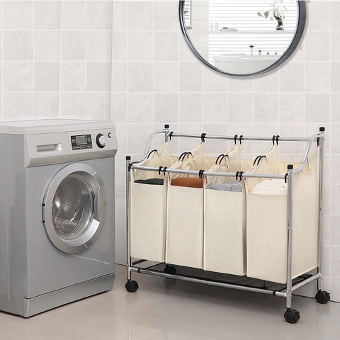 Rootz Laundry Basket On Wheels - 4 Pockets - Laundry Hamper - 4 Removable Fabric Bags - Rolling Laundry Hamper - 4-section Laundry Cart - 600D Polyester - Beige - 87.5 x 38.5 x 81 cm
