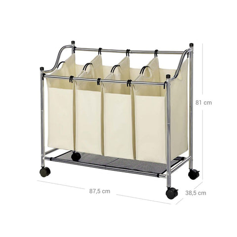 Rootz Laundry Basket On Wheels - 4 Pockets - Laundry Hamper - 4 Removable Fabric Bags - Rolling Laundry Hamper - 4-section Laundry Cart - 600D Polyester - Beige - 87.5 x 38.5 x 81 cm