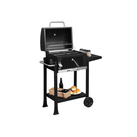 Rootz Grill Cart - BBQ Cart - Barbecue Trolley - Chrome-Plated Metal Grate - Adjustable Ember Bowl - Thermometer - 118cm x 35cm x 80cm