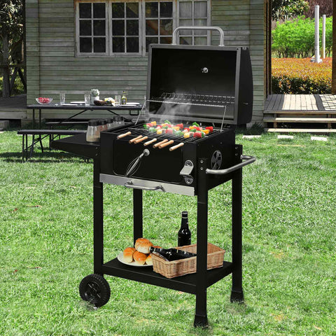 Rootz Grill Cart - BBQ Cart - Barbecue Trolley - Chrome-Plated Metal Grate - Adjustable Ember Bowl - Thermometer - 118cm x 35cm x 80cm