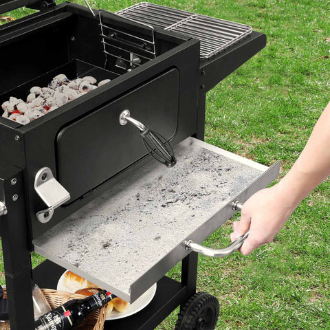 Rootz Grill Cart - BBQ Cart - Barbecue Trolley - Chrome-Plated Metal Grate - Adjustable Ember Bowl - Thermometer - 118cm x 35cm x 80cm