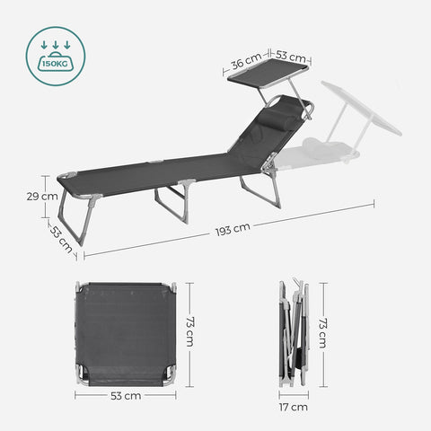Rootz Sun Lounger with Cushion & Roof - Deck Chair - Folding Chair - Relaxed Atmosphere - 53cm x 193cm x 29.5cm