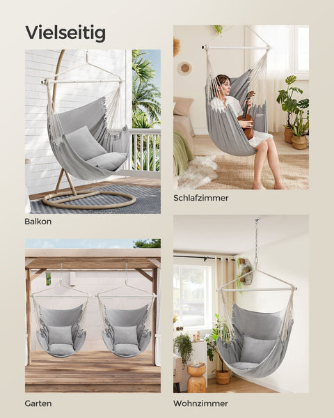 Rootz Hanging Chair Set - Hammock Chair - Swing Seat - Comfy Cushions - 150cm x 128cm - Relaxation - Grey