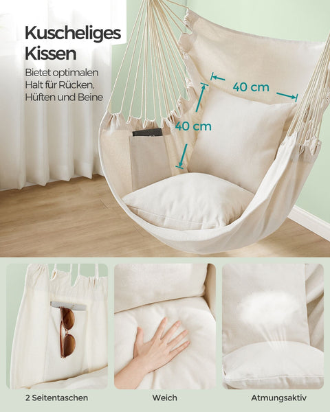 Rootz Hanging Chair Set - Swing Chair - Hammock Seat - Comfortable with Cushions - 150cm x 128cm - White