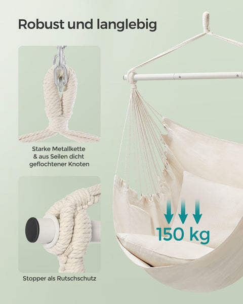 Rootz Hanging Chair Set - Swing Chair - Hammock Seat - Comfortable with Cushions - 150cm x 128cm - White
