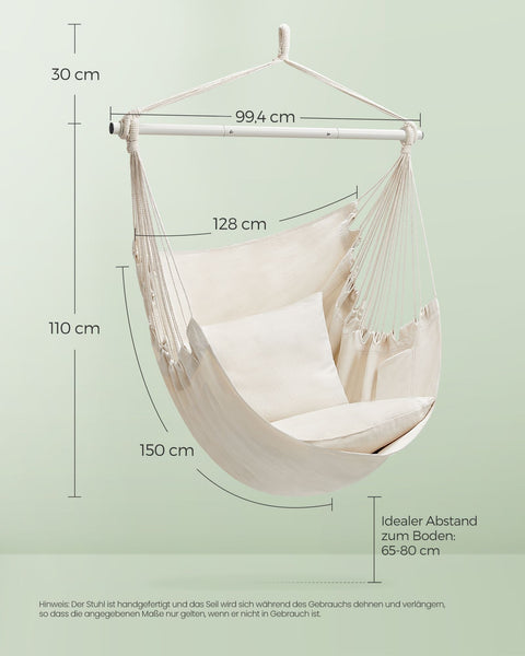 Rootz Hanging Chair Set - Swing Chair - Hammock Seat - Comfortable with Cushions - 150cm x 128cm - White