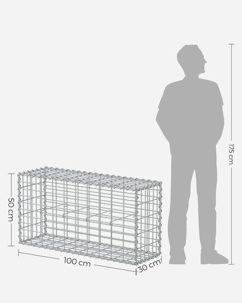 Rootz Galvanized Steel Gabion Set - Silver Mesh - Spiral Sticks - Spacer Hooks - Heavy Duty Construction - Easy Assembly - Versatile Use - 100cm x 50cm x 30cm