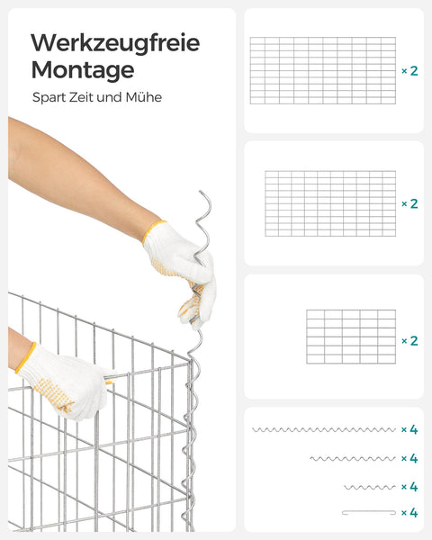 Rootz Galvanized Steel Gabion Set - Silver Mesh - Spiral Sticks - Spacer Hooks - Heavy Duty Construction - Easy Assembly - Versatile Use - 100cm x 50cm x 30cm