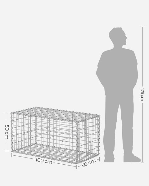 Silver Rootz Gabion Set - Metal Mesh - Spiral Stick - Spacer Hooks - Galvanized Steel - 100cm x 50cm x 50cm - Heavy Duty - Easy Assembly - Versatile Use