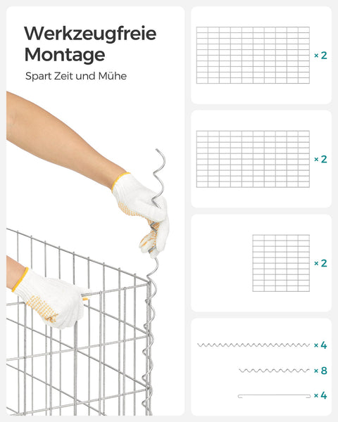 Silver Rootz Gabion Set - Metal Mesh - Spiral Stick - Spacer Hooks - Galvanized Steel - 100cm x 50cm x 50cm - Heavy Duty - Easy Assembly - Versatile Use