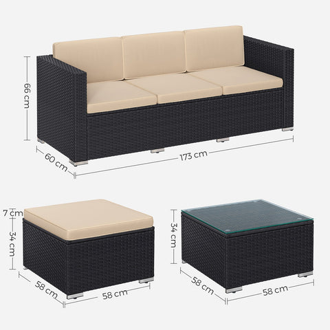 Rootz Gartenmöbel-Set mit Kissen - Outdoor Set - Patio Furniture - Comfort Seating - Sofa: 173x60x66cm, Footstool & Table: 58x58x34cm