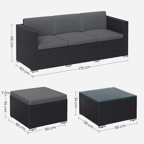 Rootz Outdoor Furniture Set - Rattan Sofa - Garden Lounge - PE Polyethylene Material - VFT Cushions - Glass Coffee Table - 173cm x 58cm x 66cm