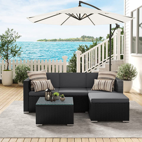 Rootz Outdoor Furniture Set - Rattan Sofa - Garden Lounge - PE Polyethylene Material - VFT Cushions - Glass Coffee Table - 173cm x 58cm x 66cm
