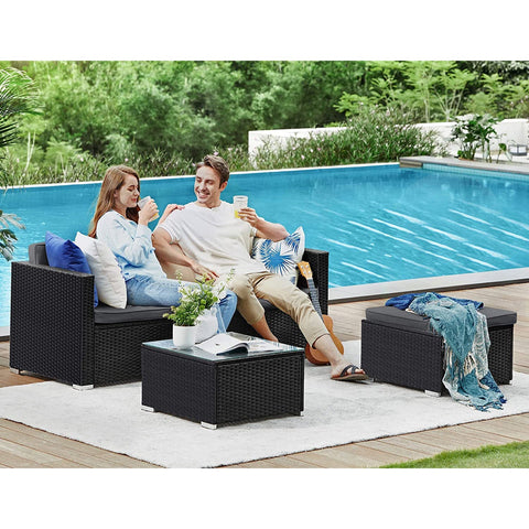 Rootz Outdoor Furniture Set - Rattan Sofa - Garden Lounge - PE Polyethylene Material - VFT Cushions - Glass Coffee Table - 173cm x 58cm x 66cm