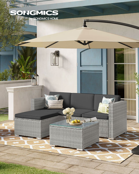 Rootz 4 Piece Gray PE Polyrattan Sofa Set - Outdoor Furniture - Patio Set - VFT Padding - Powder-Coated Steel - Tempered Glass - 173cm x 60cm x 66cm