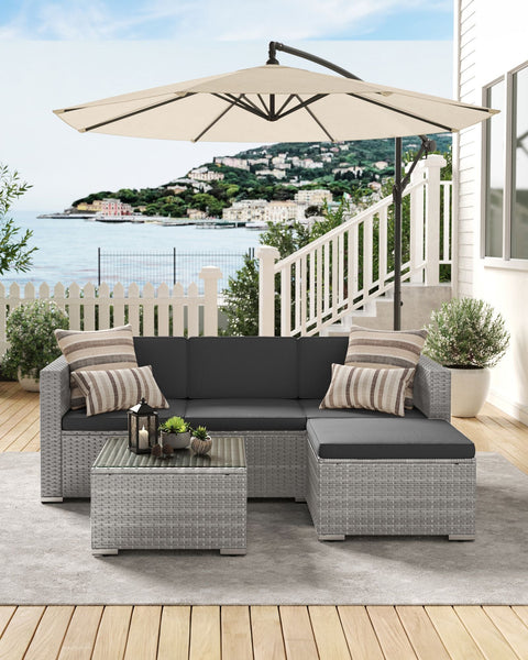 Rootz 4 Piece Gray PE Polyrattan Sofa Set - Outdoor Furniture - Patio Set - VFT Padding - Powder-Coated Steel - Tempered Glass - 173cm x 60cm x 66cm