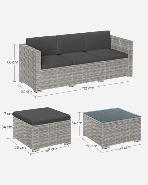 Rootz 4 Piece Gray PE Polyrattan Sofa Set - Outdoor Furniture - Patio Set - VFT Padding - Powder-Coated Steel - Tempered Glass - 173cm x 60cm x 66cm