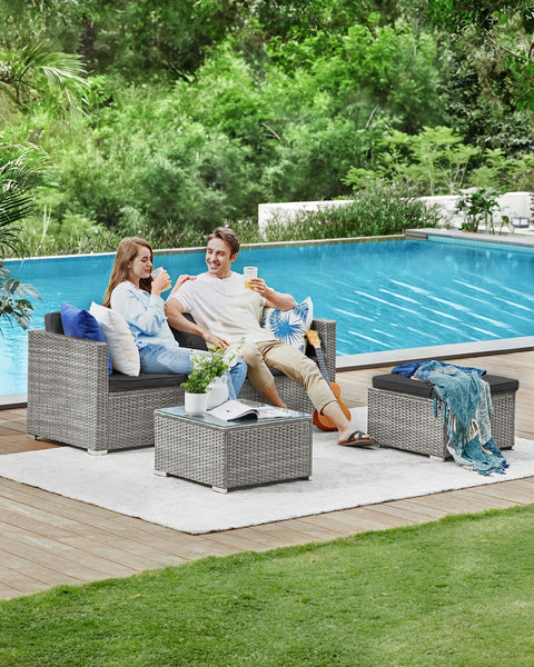 Rootz 4 Piece Gray PE Polyrattan Sofa Set - Outdoor Furniture - Patio Set - VFT Padding - Powder-Coated Steel - Tempered Glass - 173cm x 60cm x 66cm