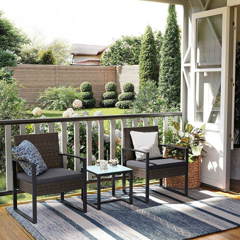 Rootz 3 Piece Set Rattan Look Garden Furniture - Brown-Gray - PE Material - VFT Padding - Tempered Glass - 57.5cm x 53cm x 76cm