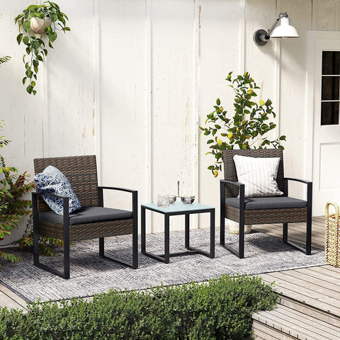 Rootz 3 Piece Set Rattan Look Garden Furniture - Brown-Gray - PE Material - VFT Padding - Tempered Glass - 57.5cm x 53cm x 76cm