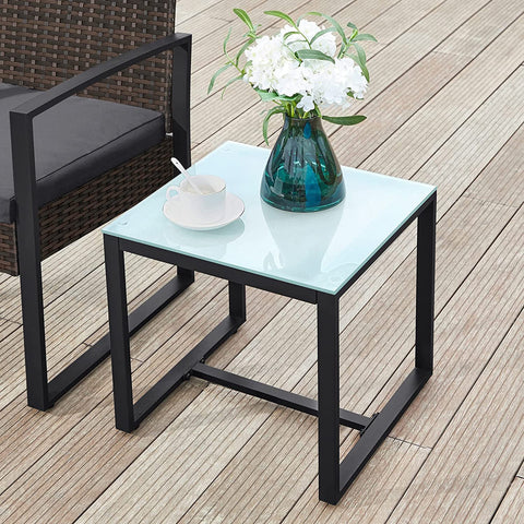 Rootz 3 Piece Set Rattan Look Garden Furniture - Brown-Gray - PE Material - VFT Padding - Tempered Glass - 57.5cm x 53cm x 76cm