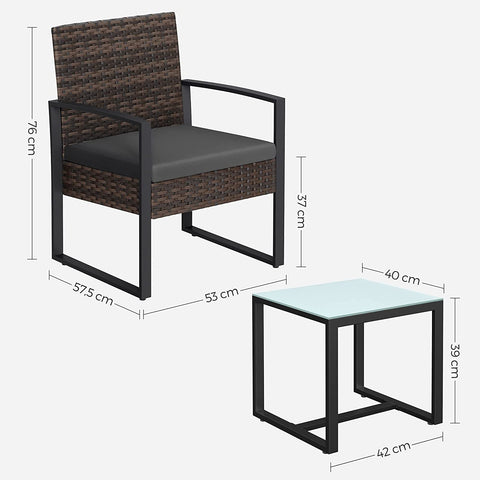 Rootz 3 Piece Set Rattan Look Garden Furniture - Brown-Gray - PE Material - VFT Padding - Tempered Glass - 57.5cm x 53cm x 76cm