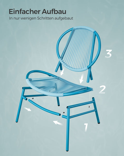 Rootz 3 Piece Set Outdoor Furniture - Patio Set - Garden Chairs - PE Material - Powder-Coated Steel - Sea Blue - Large Table - Lightweight - Easy Assembly - 50cm x 45cm - 68cm x 74cm x 78cm