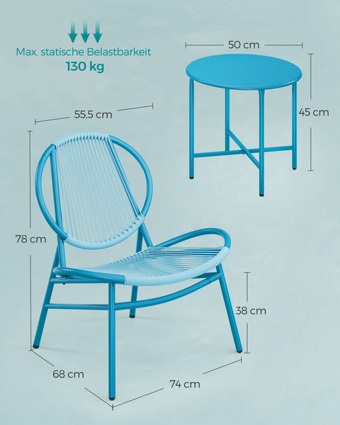 Rootz 3 Piece Set Outdoor Furniture - Patio Set - Garden Chairs - PE Material - Powder-Coated Steel - Sea Blue - Large Table - Lightweight - Easy Assembly - 50cm x 45cm - 68cm x 74cm x 78cm