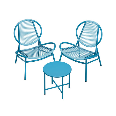Rootz 3 Piece Set Outdoor Furniture - Patio Set - Garden Chairs - PE Material - Powder-Coated Steel - Sea Blue - Large Table - Lightweight - Easy Assembly - 50cm x 45cm - 68cm x 74cm x 78cm