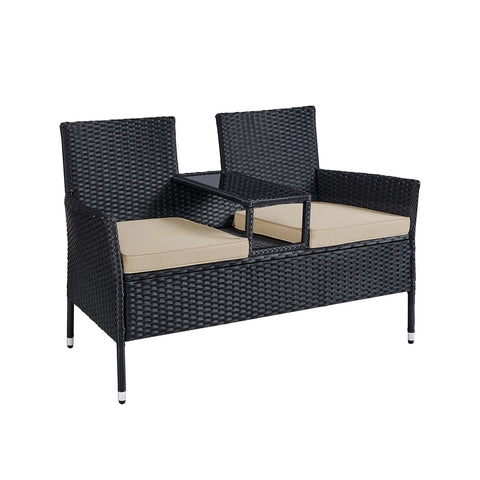 Rootz Garden Sofa Set - Outdoor Loveseat - Patio Furniture - Steel Frame - PE Wicker - Foam Cushions - Tempered Glass Tabletop - Black-Taupe - 65cm x 131cm x 84cm