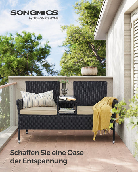 Rootz Garden Sofa Set - Outdoor Loveseat - Patio Furniture - Steel Frame - PE Wicker - Foam Cushions - Tempered Glass Tabletop - Black-Taupe - 65cm x 131cm x 84cm
