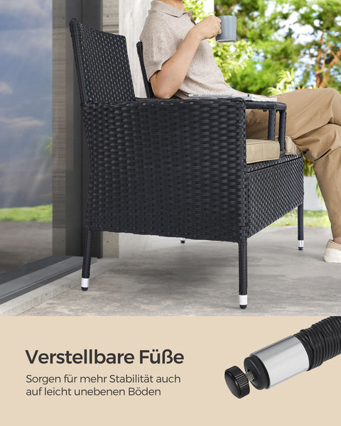 Rootz Garden Sofa Set - Outdoor Loveseat - Patio Furniture - Steel Frame - PE Wicker - Foam Cushions - Tempered Glass Tabletop - Black-Taupe - 65cm x 131cm x 84cm