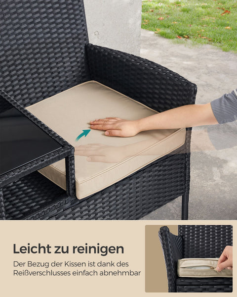 Rootz Garden Sofa Set - Outdoor Loveseat - Patio Furniture - Steel Frame - PE Wicker - Foam Cushions - Tempered Glass Tabletop - Black-Taupe - 65cm x 131cm x 84cm