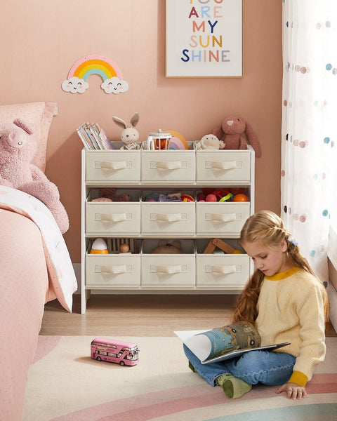 Rootz Children's Cloud White Shelf - Kids Bookcase - Toy Storage Organizer - MDF Construction - Non-Woven Fabric Bins - 29.5cm x 62.5cm x 60cm - Lightweight - Sturdy - Easy Assembly