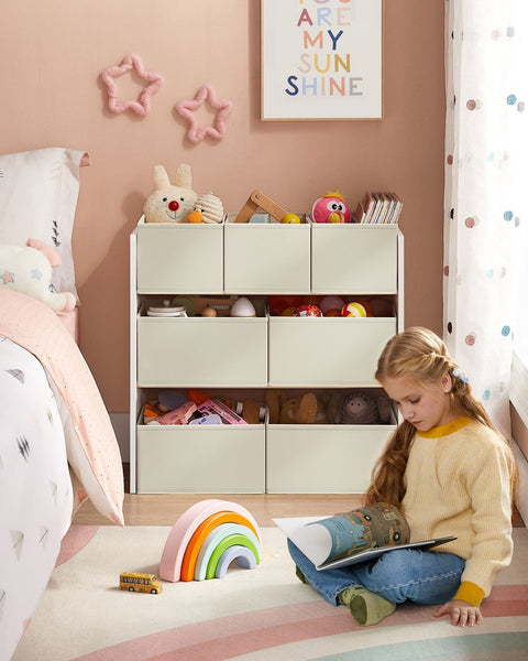 Rootz Children's Shelf with 7 Fabric Boxes - Toy Organizer - Kids Storage Rack - MDF and Non-Woven Fabric - 29.5cm x 62.5cm x 60cm - Cloud White - Lightweight - Sturdy - Easy Assembly