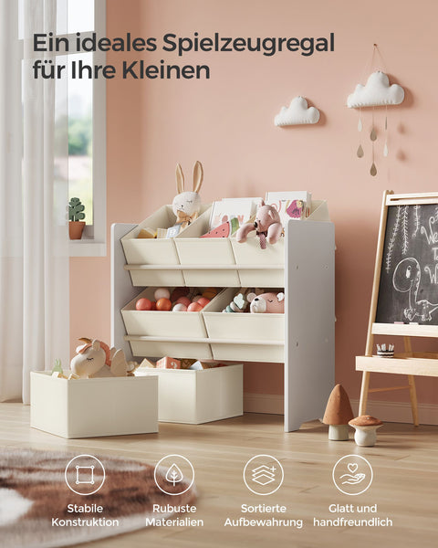 Rootz Children's Shelf with 7 Fabric Boxes - Toy Organizer - Kids Storage Rack - MDF and Non-Woven Fabric - 29.5cm x 62.5cm x 60cm - Cloud White - Lightweight - Sturdy - Easy Assembly