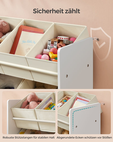 Rootz Children's Shelf with 7 Fabric Boxes - Toy Organizer - Kids Storage Rack - MDF and Non-Woven Fabric - 29.5cm x 62.5cm x 60cm - Cloud White - Lightweight - Sturdy - Easy Assembly