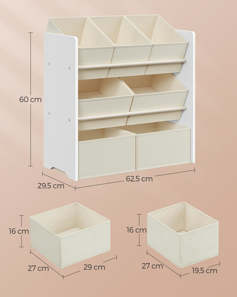 Rootz Children's Shelf with 7 Fabric Boxes - Toy Organizer - Kids Storage Rack - MDF and Non-Woven Fabric - 29.5cm x 62.5cm x 60cm - Cloud White - Lightweight - Sturdy - Easy Assembly