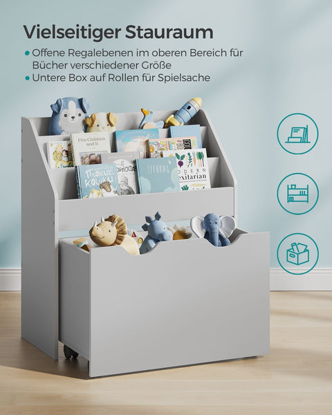 Rootz Toy Shelf on Wheels - Kids Organizer - Storage Unit - 3 Shelves - MDF - 29.5x62.5x70cm - Grey