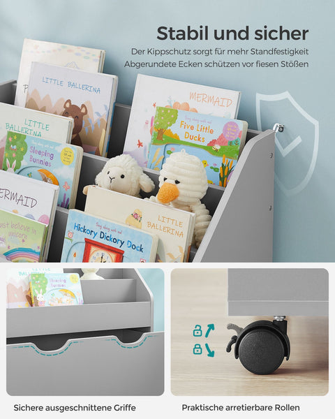 Rootz Children's Dove Gray Shelf - Kids Bookcase - Storage Organizer - MDF Chipboard - Anti-Tip - Easy Assembly - 29.5cm x 62.5cm x 70cm