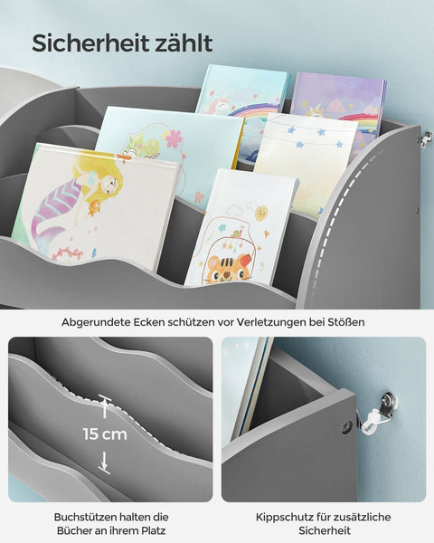 Rootz Kids Bookshelf with Storage Boxes - Toy Organizer - Bookcase - 45kg Load Capacity - 30x93x100cm - Grey