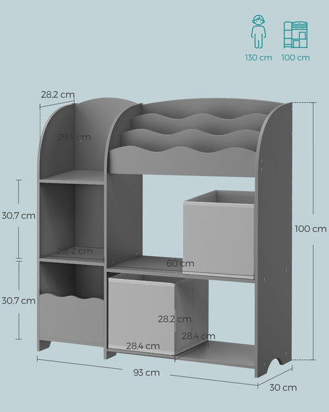 Rootz Kids Bookshelf with Storage Boxes - Toy Organizer - Bookcase - 45kg Load Capacity - 30x93x100cm - Grey