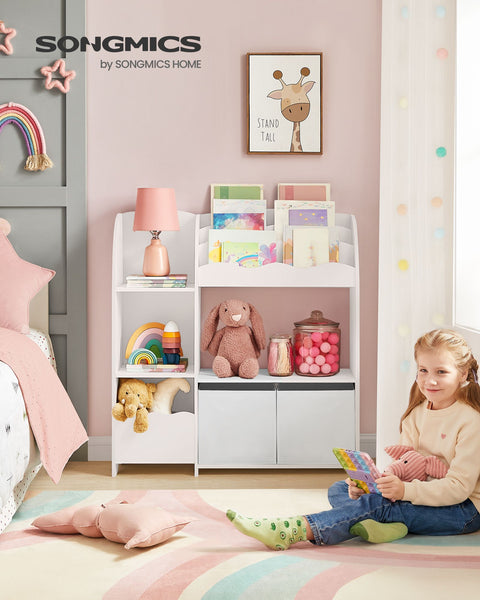 Rootz Children's Bookshelf Set - Kids Bookcase - Storage Organizer - Chipboard Construction - Non-Woven Fabric Bins - 30cm x 93cm x 100cm - Cloud White - 20.2kg - 45kg Capacity