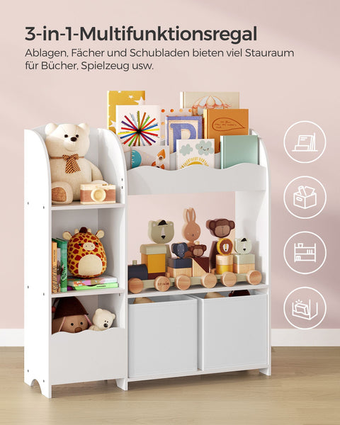 Rootz Children's Bookshelf Set - Kids Bookcase - Storage Organizer - Chipboard Construction - Non-Woven Fabric Bins - 30cm x 93cm x 100cm - Cloud White - 20.2kg - 45kg Capacity