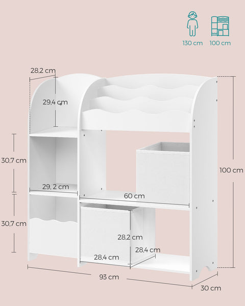 Rootz Children's Bookshelf Set - Kids Bookcase - Storage Organizer - Chipboard Construction - Non-Woven Fabric Bins - 30cm x 93cm x 100cm - Cloud White - 20.2kg - 45kg Capacity
