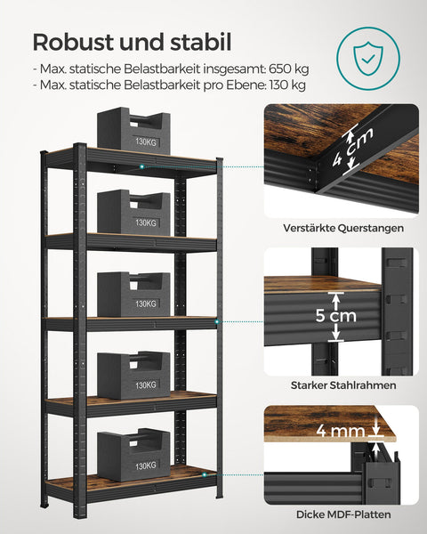 Rootz Storage Rack - Shelving System - Organizer - Steel Frame - Wooden Shelves - Adjustable - Rust-Resistant - 150cm x 75cm x 30cm